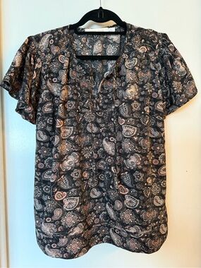 Bishop + Young Paisley short sleeve blouse in brown, peach and cream paisley